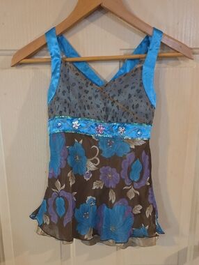 Mary-Kate & Ashley Blue Floral Satin-Trim V-Neck Girl's Tank Top
